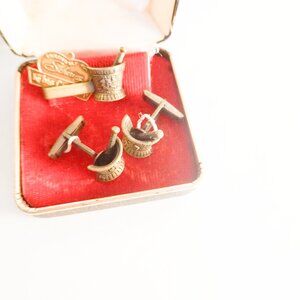 1950s Cufflinks Tie Tack Set in Orig Box Pharmacists Mortar & Pestle NEW MINT